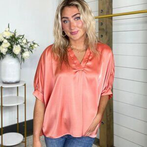 Entro OversizedHalf Cuffed Dolman Sleeve Placket V Neck Satin Blouse